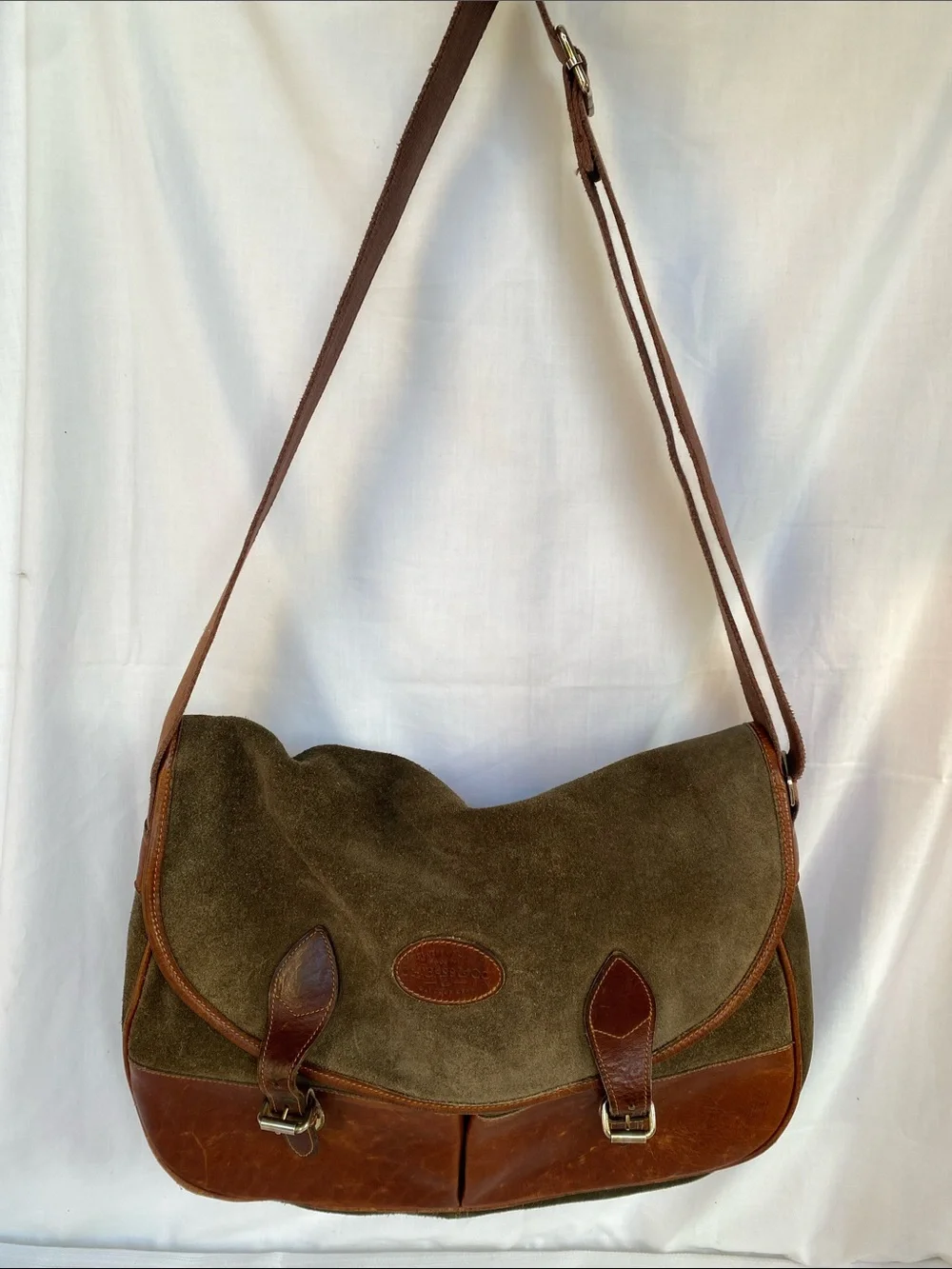 G H Bass Olive Suede and Brown Leather Messenger Bag